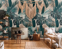 Papier peint mural floral insonorisant moderne fabriqué en Allemagne, jungle verte, beige, gris pétrole, vinyle non tissé, salon
