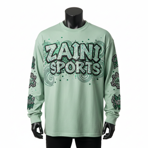 T-shirt à manches longues en jersey de coton premium vert sauge doux respirant avec logo personnalisé en strass thermocollant T-shirt pour homme - Product Image 1