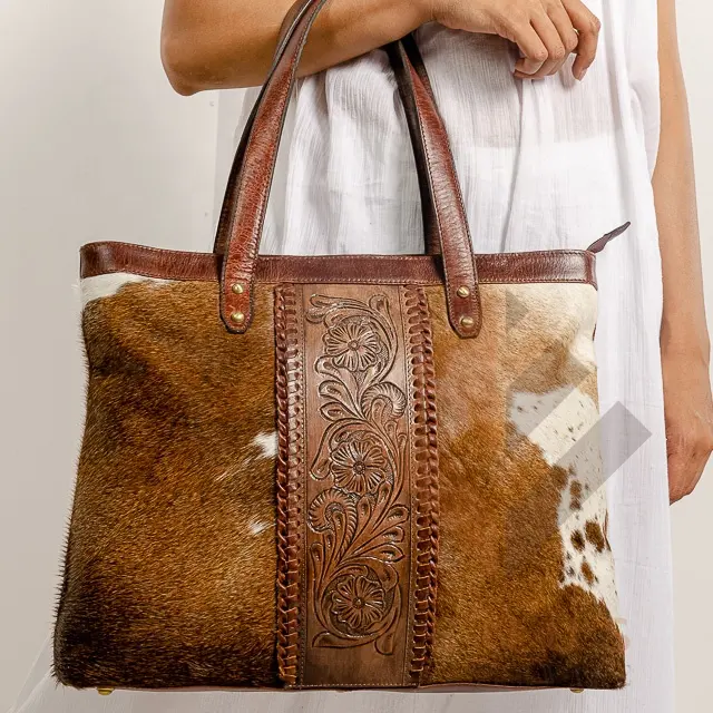 Hot Selling Handbag Hair On Hide Fur Leather Handbag Shoulder Bags Bohemian Tooled Carved Tote Western Style Leather Bags