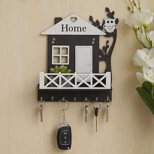 Wooden Metal <b>Wall</b> Hanging <b>Key</b> <b>Holder</b> Rectangle House Shape <b>Key</b> Rack 5 Coat Hooks Multifunctional <b>for</b> Home Decoration Organizer - Product Image 1