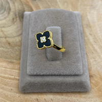 Anillo de Boda de Plata de Ley 925 con Ónix Negro Natural de 14 mm, Diseño de Flor, Engaste de Bisel, Trébol, Chapado en Oro de 14k y Rodio