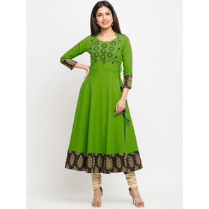 Robe de soirée élégante en coton vert brodé Anarkali Kurta - Product Image 6