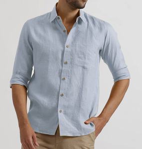 Camisa de Lino y Algodón para Hombre, Estilo Casual, Verano 2024, Manga Larga, Azul Claro, Cuello Clásico, Un Solo Botón, Tinte Liso, Antiencogimiento - Product Image 1