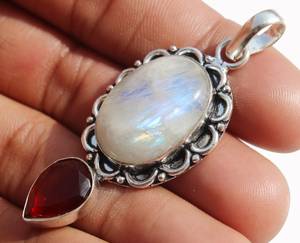925 Silver Plated Rhodium & Gold Bezel Setting Moonstone <b>Garnet</b> <b>Pendant</b> Handmade Gift Jewelry for Anniversary - Product Image 3