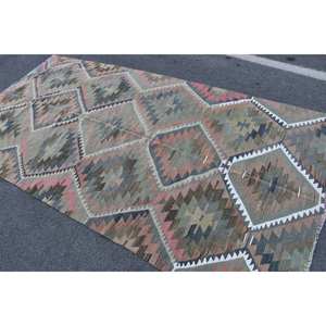 Alfombra Kilim turca Vintage 4,9 X 9.4ft Diseño de retazos verde rosa Clásico Hecho a mano Lana Poliéster Forma rectangular Látex vivo - Product Image 4