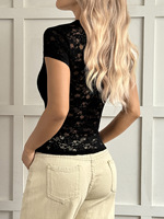 Crop top sexy en dentelle Y2K, t-shirt à manches courtes et col en U, coupe ajustée, haut pour sorties en boîte de nuit