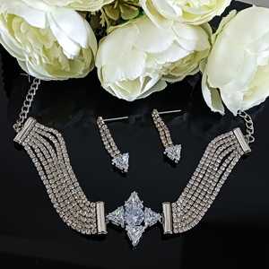 Indian CZ Jewellery Trendy Floral Crystal Choker Necklace <b>Bridal</b> Wedding Wholesale Jewellery Dangle <b>Earring</b> For Women, Silver - Product Image 2