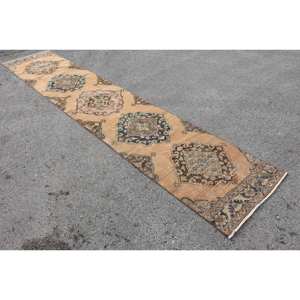 Alfombra clásica de lana azul Beige de 2,6x12,8 pies, diseño de retazos rectangular turco hecho a mano para sala de estar, dormitorio con respaldo de látex - Product Image 2