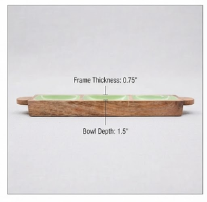 Wooden Rectangular Tray With Three Green Enamel Compartments <b>Rustic</b> Design Handle 1.5 Inch Length 2 Inch Height Single Piece - Product Image 3