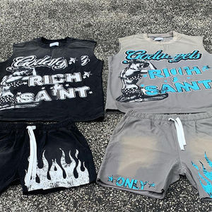 Custom Cotton Heavyweight Dtg Graphic High Quality Vintage Acid Washed t Shirt tank Top Men <b>Sleeveless</b> Shorts Sets Manufacturer - Product Image 2