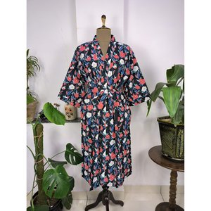 Boho House Mid-Night Blossom Kimono Luxury Handprinted Cotton <b>Robe</b> for Summer Perfect Cover-Up for <b>Beach</b> Holidays Yacht - Product Image 1