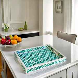 ถาดเสิร์ฟทำจากไม้ฝังกระดูกสีเขียวทนทานเป็นมิตรกับสิ่งแวดล้อมงานแฮนด์เมดดีไซน์ทันสมัยสำหรับงานแต่งงานงานดิวาลีตกแต่งกาแฟ - Product Image 4