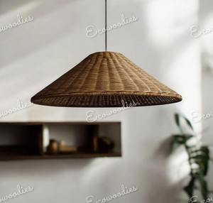 Abat-jour en rotin tissé à la main en osier naturel bambou rotin suspension lustre lampe pour salon - Product Image 5