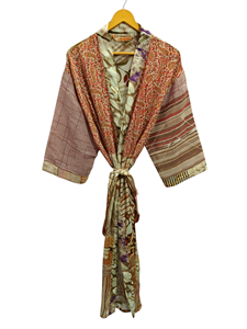Bridal Robe Light Weight Silk Robe For <b>Woman</b> Night Wear Long Robe, Floral Print Indian Vintage Recycled Silk Sari <b>Kimono</b>, - Product Image 2