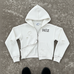 Sweat à capuche zippé personnalisé OEM, épais, déchiré, avec graphique en strass, effet vieilli, style streetwear - Product Image 2