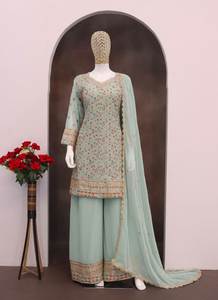 Top de trabajo de secuencia y bordado de Georgette de imitación de alta calidad extrema y Sharara con juego Dupatta para ropa de novia - Product Image 4