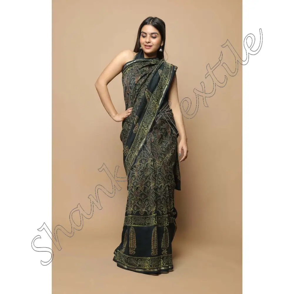 India Chanderi sutra Saree blok dicetak bunga Sari dengan blus Indian desainer Chanderi sutra Saree Sari blok cetak Saree
