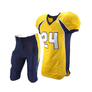 Ensemble d'uniformes de football américain personnalisés pour hommes, maillot jaune avec pantalon bleu marine, numéros de sergé, vêtements de sport d'équipe, vente en gros - Product Image 2