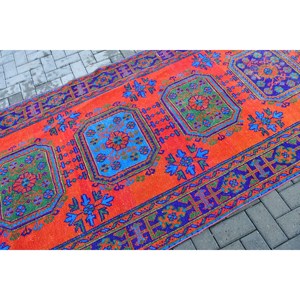 พรมตุรกีขนาด 4.3x11.5 ฟุต, พรมวินเทจลายทาง, พรมลายสัตว์สีแดงน้ำเงิน - Product Image 5