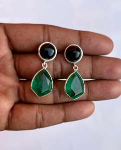 925 Sterling Silver Emerald With Black Obsidian <b>Earring</b> <b>Beautiful</b> Women <b>Earring</b> . - Product Image 1