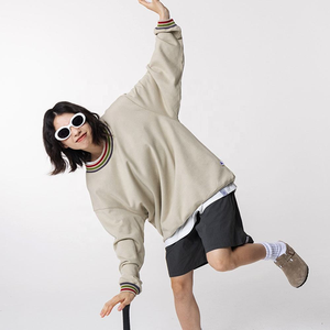 Sudadera Unisex Personalizada con Cuello Redondo Beige, 100% Algodón Felpa, Estilo Casual Urbano, Cuello y Puños a Rayas, Tinte Liso, Bordada para Invierno - Product Image 3