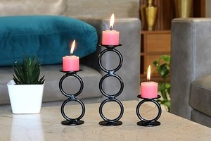 <b>Black</b> Metal Ring Stack <b>Candle</b> <b>Holder</b> Set Modern Minimalist Table Decor - Product Image 2