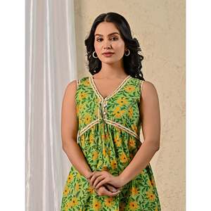 Vestido de Algodón Mulmul con Estampado Jaal Verde, Diseño ODM Personalizado, Casual y Elegante, Transpirable, Cintura Imperio, Tallas XS a 5XL, para el Día o para Salir de Noche - Product Image 1