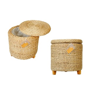 เก้าอี้ออตโตมันผักตบชวาธรรมชาติทำด้วยมือเป็นมิตรกับสิ่งแวดล้อมแนววินเทจขนาด44xH43ซม. กล่องเก็บของเฟอร์นิเจอร์บ้านยืดหยุ่น - Product Image 2