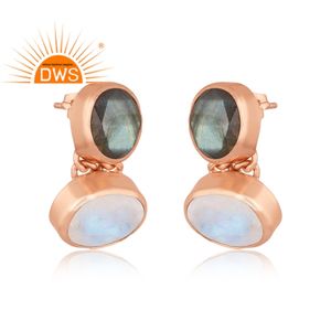 Último diseño hecho a mano, labradorita chapada en oro rosa y piedra de Luna arcoíris, pendientes colgantes de piedras preciosas, joyería fina Demi para mujer - Product Image 2