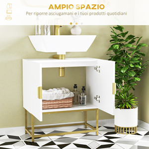 Kleankin Mueble de Baño Debajo del Fregadero con Gabinete de 2 Puertas en Madera y Acero, 60x30x65cm, Blanco y Dorado - Product Image 6
