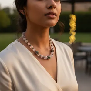 Collar de Cuarzo Rosa con Cuentas para Mujer, con Cadenas de Plata de Ley Chapadas en Oro, Estilo Religioso Moderno con Diamantes y Perlas para Bodas y Fiestas - Product Image 2