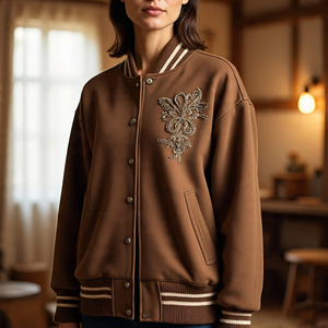 Chaqueta universitaria bordada de lana 100% para mujer, fabricación de cuello redondo, chaqueta universitaria a prueba de viento para mujer - Product Image 5