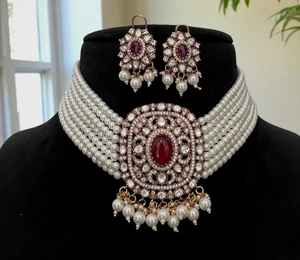 Conjunto de pendientes de Gargantilla Polki Kundan chapados en oro mate elegantes de moda para celebraciones de aniversario de boda - Product Image 1