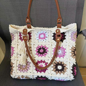 Crochet Rope Braided Tassel <b>Square</b> Sunflower Pattern Red Handbag with Polyester Lining Woven Design - Product Image 3