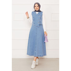 Conjunto de Dos Piezas de Mezclilla Azul Claro Asimétrico: Chaleco y Falda, Top Corto Vintage de Manga Larga con Botones, Lavable, Estilo Urbano para Fiesta - Product Image 1