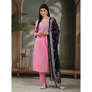 Kurta Recta Bordada de Algodón Puro para Mujer con Pantalones y Dupatta, Estilo Pakistaní, Ropa Étnica India para Diversas Ocasiones - Product Image 1