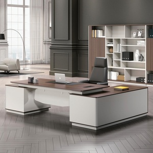 Bureau de direction moderne de luxe en forme de L, table de bureau en bois, grand mobilier de direction pour PDG et président, poste de travail avec armoire d'extension - Product Image 5