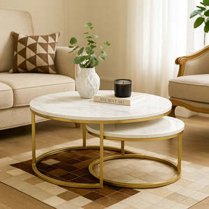 ชุดโต๊ะกาแฟไม้สไตล์สแกนดิเนเวียน 2 ตัว พร้อมท็อปหินอ่อนและโครงโลหะ - Product Image 1