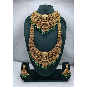 Conjunto de Collar Largo y Gargantilla de Templo del Sur de la India Chapado en Oro Antiguo con Pendientes para Novia, Conjunto de Joyería al por Mayor para Bodas - Product Image 1