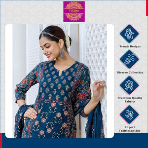 Alta calidad verano especial elegante y transpirable diseñador Cambric algodón A-Line Kurti con pantalón a juego Dupatta conjunto - Product Image 2