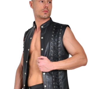 Havoc Lace-Up Leather Sleeveless Top <b>Mens</b> Black Faux Leather <b>Fetish</b> Harness Style Clubwear Vest - Product Image 3