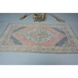 Alfombra turca vintage clásica rosa gris 4x7 pies área grande respaldo de látex de lana patrón abstracto para diseño de pasillo rectangular adolescente - Product Image 3