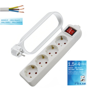 Regulador/Extensor de 4 Tomas con Interruptor 16A/250V 3680W Longitud 1.5/3/5m Blanco Don Feliz Hecho en China - Product Image 1