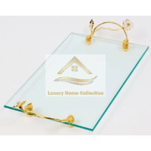 Table à manger de mariage fantaisie plateau en verre transparent avec poignées plaquées or uniques plateau de forme et de taille personnalisé de l'Inde - Product Image 2