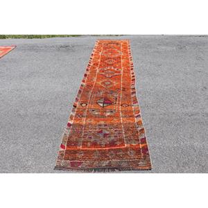 Turkish 2.8x12.8 ft Rug, <b>Runner</b> Vintage Rug, Orange <b>Red</b> Animal Print Rug - Product Image 1