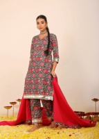 Conjunto de Kurta Informal Kaori, Sin Arrugas, de Secado Rápido, con Protección Solar, Dupatta de Algodón, Estampado Geométrico Kantha/Ajrakh, Manga 3/4, Corte en A