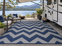 Karpet Luar Ruangan RV Retro Sunrise Reversible Oranye Coklat Bahan PP Anyaman untuk Patio Camper Ukuran Kustom OEM
