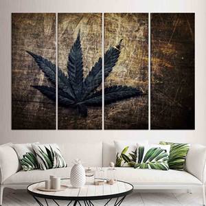 Tableau sur toile imprimé feuille de cannabis style vintage grunge, décoration élégante pour la pièce, lot de 4 toiles - Product Image 1