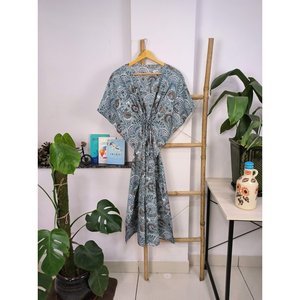 Indischer Handbedruckter Boho-Stil Kaftan-Kleid in Tiefem Stahlgrau Atmungsaktiver Leichter Swimsuit Cover-Up - Product Image 4