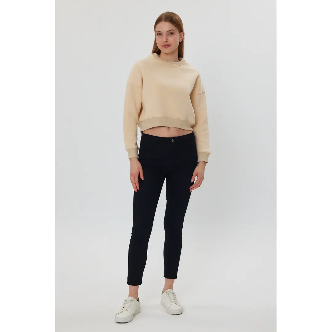 Custom Logo Korte Crop Losse Cut Roll-Up Pullover Drop Shoulder Lange Mouw Fitness Dames Top Sweatshirt